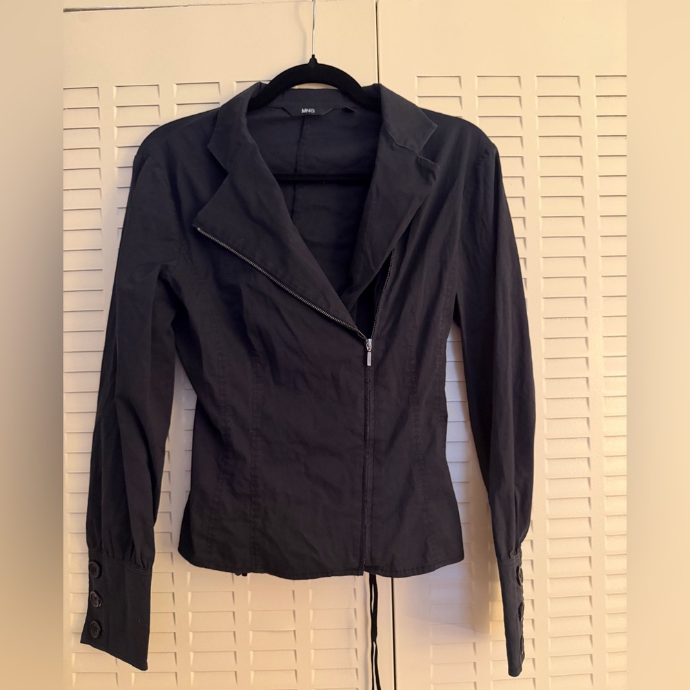 Mango MNG Black Zip Blazer Jacket Lace Up Back Size M